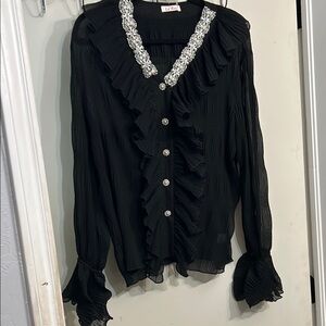 Elegant Black Ruffled Top with Embellished Collar